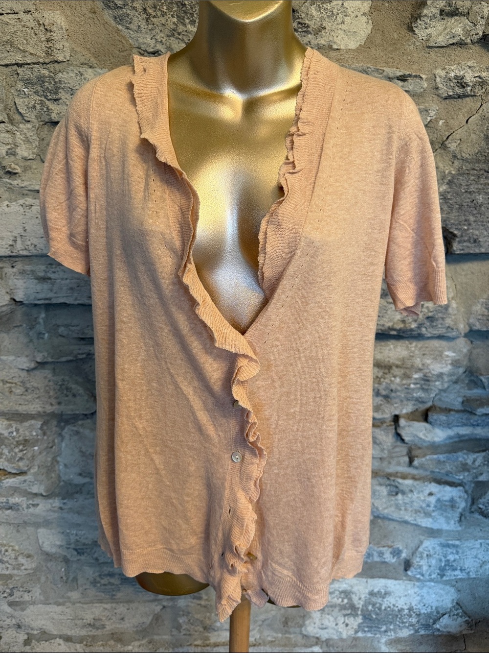 Linen Blend Peach Ruffle-Trim Cardigan
